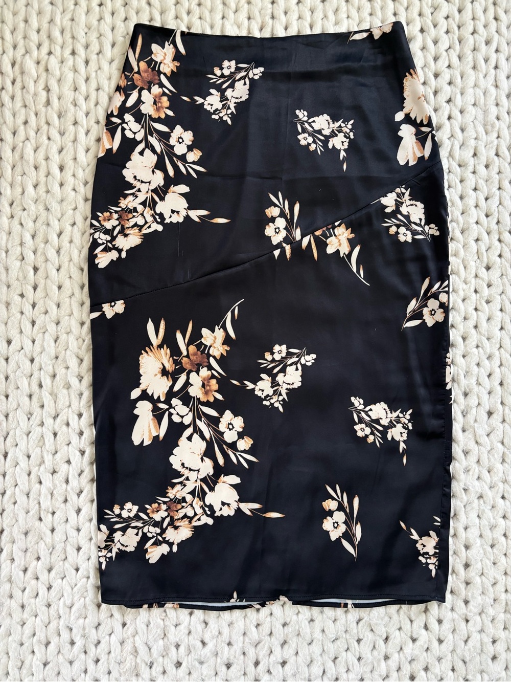 Delicate Black Pencil Skirt with Cream and Tan Floral Print